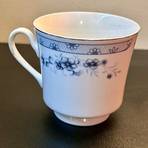 JS Valencia China #8223 Coffee Mug Blue Floral Silver Trim Vintage Tea Cup 3.25"